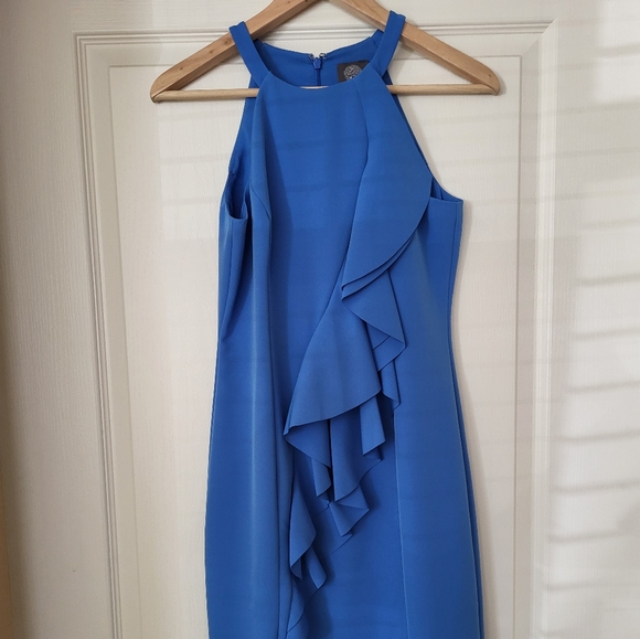 Vince Camuto Dresses & Skirts - Royal Blue Asymmetrical Ruffled Sheath Dress with Mock Neck